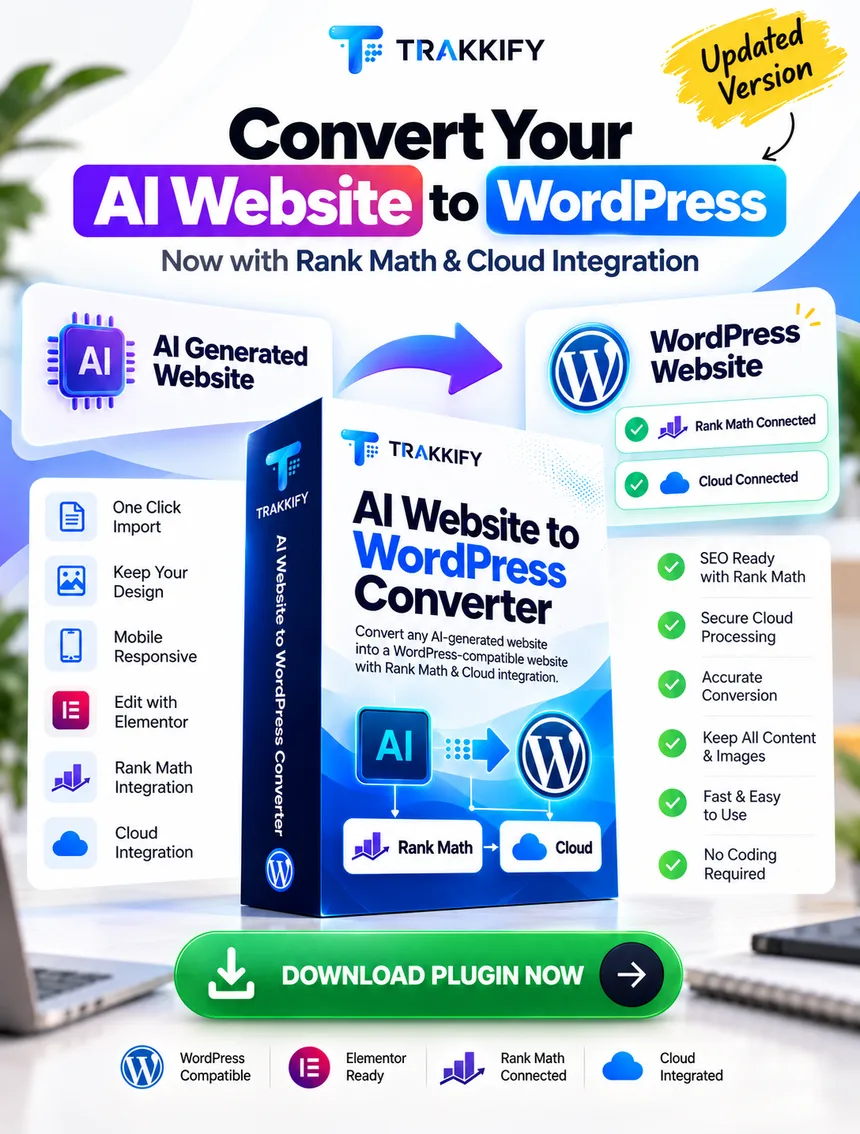 Trakkify AI Website to WordPress Converter plugin banner: one-click import, Elementor editing, Rank Math and cloud integration
